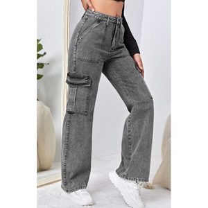 Jean cargo en denim gris vintage simple, coupe ample, délavé, respirant, 6 poches, taille haute, écologique, pour l'été, tailles 26-40, style rétro - Product Image 4