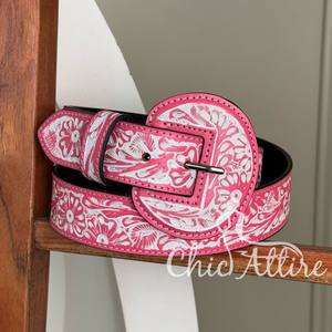 Cinturón con hebillas redondeadas anchas de cuero genuino con herramientas manuales clásicas personalizadas, cinturones vaqueros occidentales con relieve floral turquesa cómodos - Product Image 1