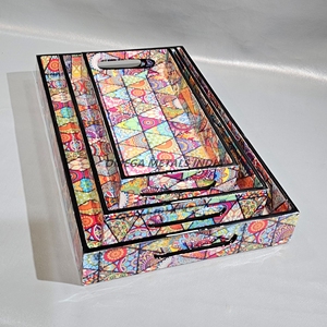 Factory Wholesale Mango Wood Rectangular <b>Tray</b> Set with Stylish <b>Black</b> Leaf Design Perfect for Home and Cafe <b>Serving</b> Needs - Product Image 3