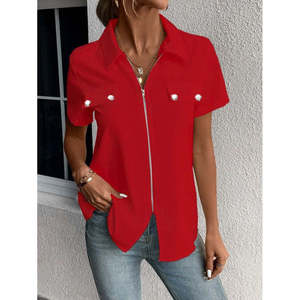 Veste à manches courtes pour femme avec fermeture éclair sur le devant, col et détail poche, chemisier en crêpe importé à manches courtes, 36370 - Rouge - Product Image 3