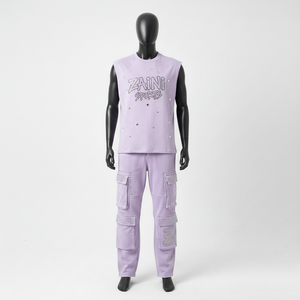 เสื้อกล้ามผ้าฟลีซผสมคอตตอนโพลีเอสเตอร์ 280 GSM สำหรับผู้ชาย กางเกงคาร์โก้  โลโก้ลายปักแบบรีดร้อน  ชุด 2 ชิ้นสำหรับผู้ชาย - Product Image 6