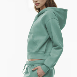 Sweat-shirt à capuche court en tricot pour femmes, fermeture éclair sur le devant, style streetwear décontracté, épaules tombantes, respirant, écologique - Product Image 3