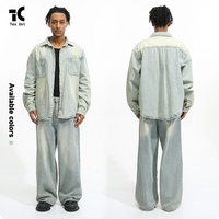 Gaya Baru Jaket Kemeja Denim Biru Muda Longgar dan Terawat, Celana Kasual untuk Pria Wanita Unisex, Bernapas, Anti-Kerut.
