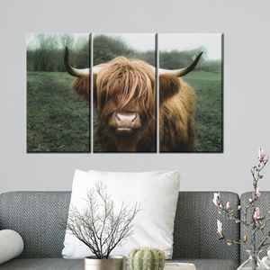 Decoración de pared de lienzo con estampado de vaca de las Tierras Altas - Elegante regalo para el Día de San Valentín, 3P: Enmarcado tipo galería - Product Image 1