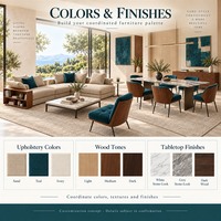 Ensemble de meubles modernes pour toute la maison en beige sable et vert sarcelle, canapé sectionnel, table à manger, chaises et lit capitonné