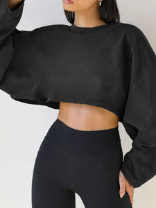 400 gramos/M poliéster algodón Otoño Invierno Color sólido cuello en V polar de gran tamaño mujer lavado ácido Crop Top sudaderas con capucha de alta calidad OEM - Product Image 2