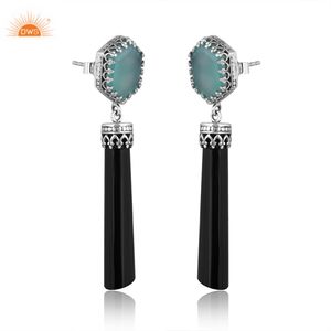 การออกแบบล่าสุดเงินสเตอร์ลิงวิจิตรธรรมชาติ Aqua ชาลซิโดนีและนิลสีดําพลอยวางต่างหูผู้ผลิตเครื่องประดับที่กําหนดเอง - Product Image 3