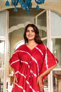 Nouvelle Arrivée Treadinational Robe Kaftan Rouge Longue à Manches Longues, Décorée de Dentelle, Imprimée Numérique, 100% Coton, Coupe Trapèze - Product Image 2