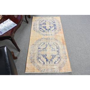 Alfombra de lana turca Vintage de 2,5x4,7 pies, Beige, azul, Patchwork, tejido plano, respaldo de látex, pila mediana ecológica para comedor - Product Image 1