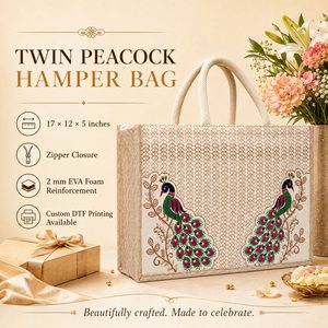 Twin Peacock Embroidered Cotton Hamper <b>Gift</b> <b>Bag</b> with Zipper and Padded Lining - Product Image 5