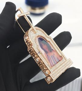 Pendentif photo croix commémorative en or rose glacé avec moissanite, bijoux hip-hop, médaillon personnalisé plaqué argent pour fête - Product Image 2