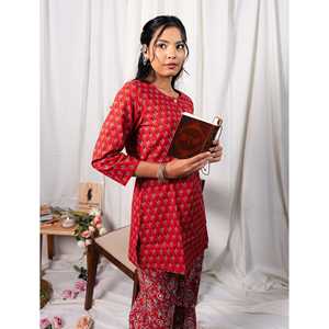 Conjunto de Dos Piezas de Algodón Estampado a Mano Butti Rojo para Mujer, Talla XXS, con Decoración de Botones, para Oficina - Product Image 6