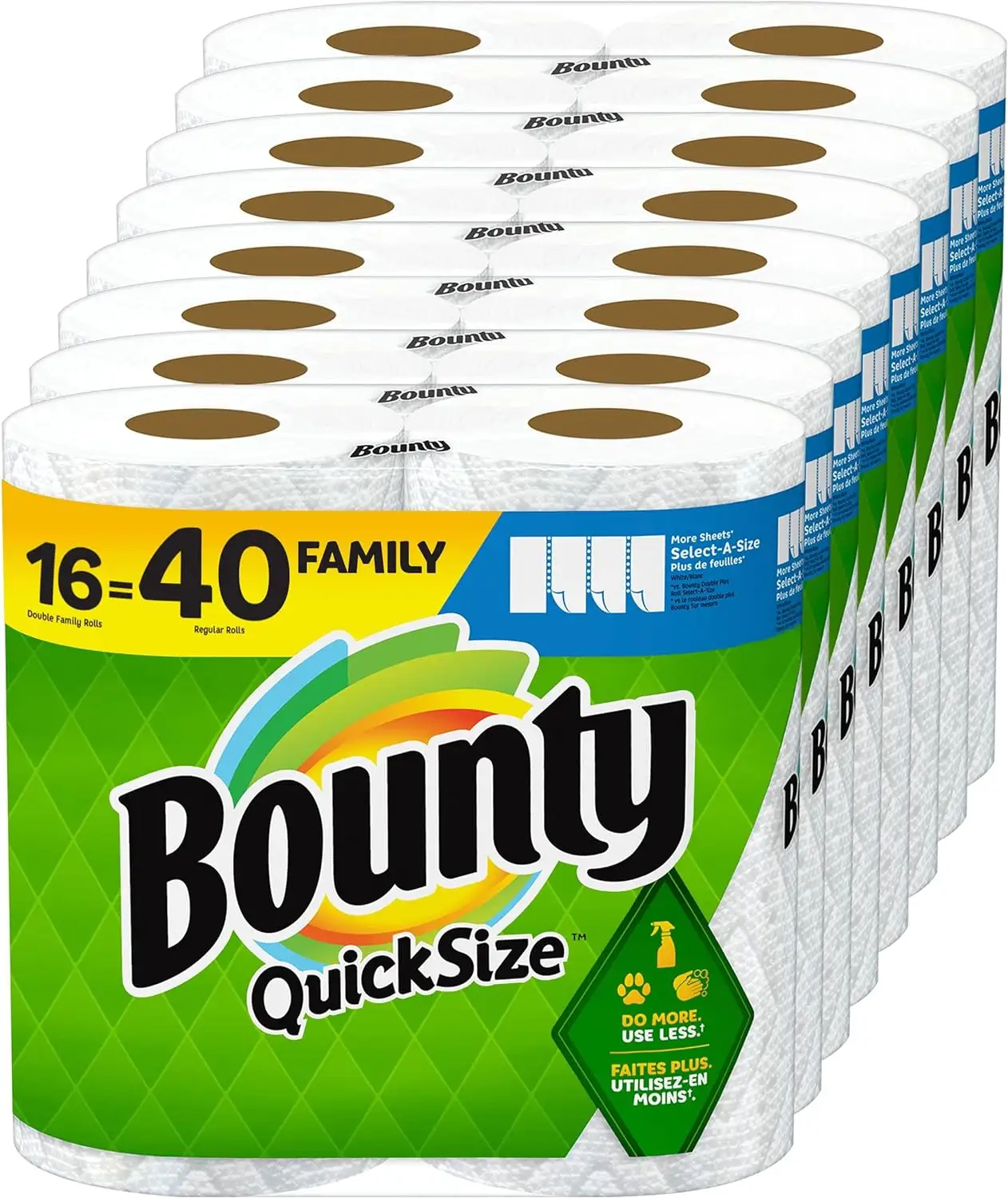 Toalhas de papel de tamanho rápido Bounty, branco, 16 rolos familiares = 40 rolos regulares