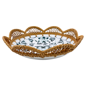 Handmade Scallop Edge Ceramic Plate with Lotus Floral Pattern Rattan Woven <b>Frame</b> for Party Decorative Serving Dish Home Decor - Product Image 2