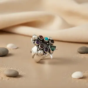 Anillo de Cóctel con Corte Geométrico Chapado en Platino y Rodio para Mujer con Múltiples Piedras Preciosas - Product Image 2