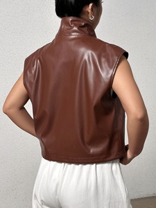 Femmes Slim Fit Vintage Club équitation Biker gilet col montant décontracté en cuir véritable automne hiver Varsity veste teint - Product Image 5