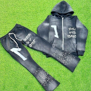 OEM Custom Distress Embroidery Patch Zip up Tracksuit Acid Wash Rhinestone Sweatpants and <b>Hoodie</b> Set for Men - Product Image 6