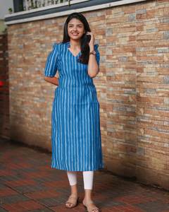 Kurta droite en coton élégant pour les femmes | Conception rayée à manches bouffantes | Kurti indien quotidien et de bureau - Product Image 4