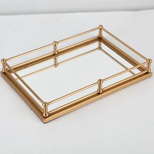 Modern Rectangle Gold Metal <b>Mirror</b> Serving Tray <b>Distressed</b> for Wedding Tabletop & Home Decor for Hotel Bathroom Vanity - Product Image 1