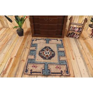 Alfombra Turca Vintage de Lana de 3x3.7 pies, Alfombra Pequeña con Diseño de Plantas y Árboles Azules en Patchwork, Respaldo de Látex Ecológico - Product Image 1