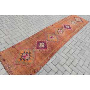 Tapis Kilim Orange Fait Main 2.6X11.2 ft Turc Jacquard Plat Armure Viscose Couloir Rectangle Peluche Pile Tressé Technique - Product Image 2