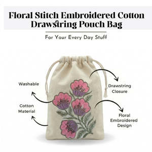Pink Floral Embroidered Cotton <b>Drawstring</b> <b>Pouch</b> Bag Envelope Sealing for Storage Packaging Clothing Watches Bracelets Jewellery - Product Image 3