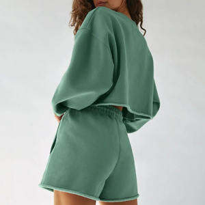 Femmes décontracté été 2 pièces ensemble couleur unie manches longues au-dessus du genou Logo personnalisé 100% coton culture chemise pantalon court nouveauté - Product Image 3