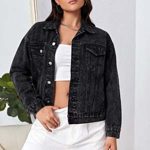 แจ็กเก็ตยีนส์สีดำสำหรับผู้หญิงแจ็กเก็ตยีนส์ตัวหลวมแบบวินเทจ - Product Image 1