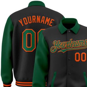 Blouson aviateur personnalisé noir Kelly vert-orange veste Byron à col à revers bicolore Varsity Letterman à boutons-pression - Product Image 5