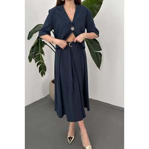 Navy Blue Single-Button Short Jacket and Skirt <b>Set</b> - Navy Blue - Product Image 5