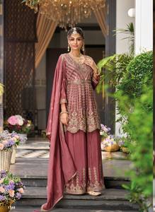 Dernière collection de tenues Sharara prêtes à porter, en chinon lourd avec broderies, pour mariage - Product Image 2