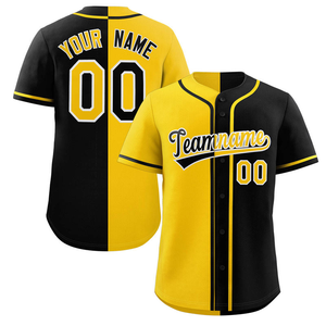 Camiseta de béisbol con diseño dividido personalizado, amarillo y negro uniforme de equipo, camisa con botones, nombre personalizado, número, ropa deportiva de softbol 100% - Product Image 1