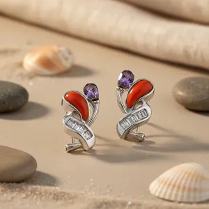 Boucles d'oreilles clous élégantes en argent 925 Art Palace Trendy pour femme, bijoux de fête, corail, améthyste, diamant, perle, géométriques, plaqué argent - Product Image 1