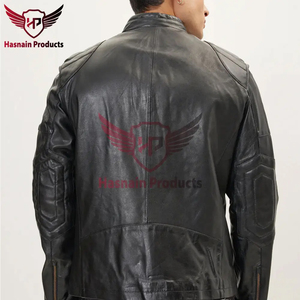 Veste en cuir véritable noir pour homme, col à boutons-pression, double fermeture éclair sur la poitrine, en peau de mouton, style Cafe Racer, personnalisée, classique, vintage, vêtement d'extérieur d'hiver - Product Image 3