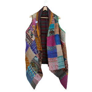 Encogimiento de hombros, Parche de seda antiguo, Kantha tela de seda, prendas de vestir de punto transpirables ecológicas, vestido holgado con parche de seda antiguo, encogimiento de hombros - Product Image 1