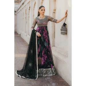 Robe longue de soirée de luxe Iznik en mousseline brodée et imprimé numérique, silhouette florale évasée, taille empire - UE 321-TC-1442 - Product Image 1