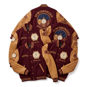 Blouson universitaire personnalisé en laine marine avec manches en cuir blanc cassé et broderie horlogère style horloge de grand-père - Product Image 2
