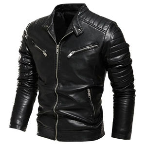 Chaqueta de cuero PU negra de verano para hombre, abrigo de motorista de moda callejera delgado con diseño plisado, chaqueta de motocicleta de lana cálida con cremallera - Product Image 3