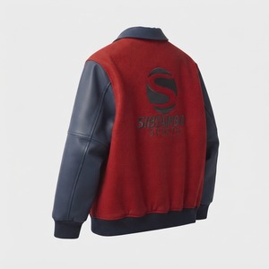 Chaqueta Bomber Personalizada al por Mayor con Parche de Equipo, Cuerpo de Lana Roja y Azul Oscuro, Mangas de Cuero, Cierre de Botones a Presión y Cuello Vuelto - Product Image 2