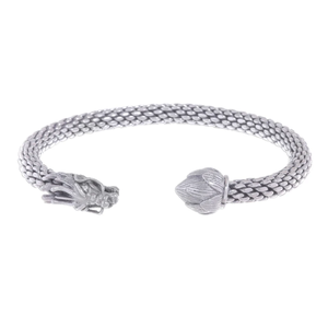 Vente en gros Manchette unisexe en argent sterling avec dragon et lotus Bracelet ajustable fait main Bijoux symboliques Boho Cadeau pour femme - Product Image 5