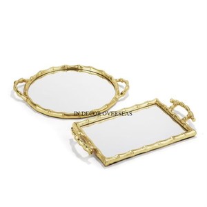 Set Of 2 Round And Rectangle Shape Gold Plated Metal Framed <b>Mirror</b> Serving <b>Tray</b> Home And Hotel Table Centerpiece Supplies - Product Image 1