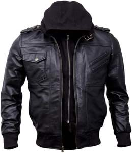 Blouson bombardier à capuche noir véritable pour homme en cuir d'agneau véritable ciré marron avec capuche amovible Saison d'hiver - Product Image 1
