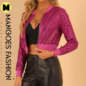 Chaqueta Bomber Corta de Lentejuelas Brillantes para Mujer, con Relleno de Algodón, Color Rosa Intenso, Cierre Frontal con Cremallera para un Estilo Impresionante - Product Image 2