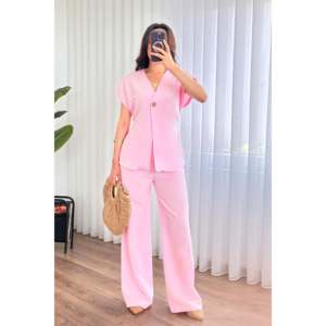 Ensemble deux pièces en lin rose à ceinture, boutonnage simple - Vente en gros - Product Image 1