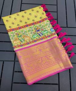 Prêt à porter broderie traditionnelle travail Banarasi Khadi Sari soie fête indienne vêtements de mariage dames prix de gros Net tissu - Product Image 2