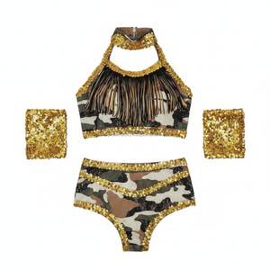 Conjunto de 2 Piezas de Disfraz de Baile con Estampado de Camuflaje, Top Halter con Lentejuelas y Pantalones Cortos, Ropa de Actuación para Mujer, Atuendo Rave con Flecos - Product Image 4