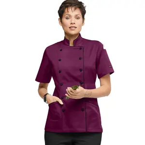 批发工厂制造的女式短袖1口袋紫色侧面板网眼厨师夹克出售定制厨师外套