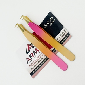 Pinzas de extensión de pestañas con punta dorada recubierta de Ombre, pinzas de pestañas de acero inoxidable con logotipo personalizado de volumen de bota de 90 grados - Product Image 4