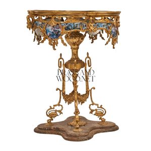 Mesa Auxiliar Redonda de Lujo con Tapa de Mármol Marrón, Pedestal de Latón Dorado Fundido a Mano e Incrustaciones de Porcelana para Decoración de Esquinas de Palacios - Product Image 3