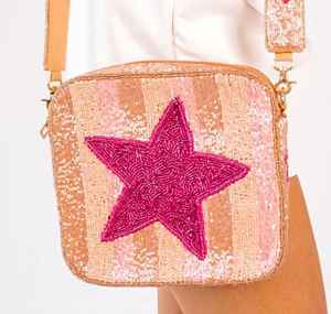 Bolso de mano de lujo Super Star, bolso de mano de cristal con cuentas de arcoíris rosa y correa cruzada de estrella, estilo de moda, patrón de rayas de corazón - Product Image 1